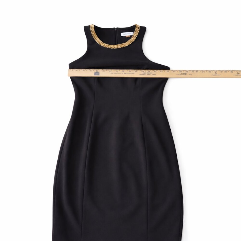Calvin Klein Black Sleeveless Sheath Dress with Gold Chain Neckline| Size: 4 - Picture 4 of 5